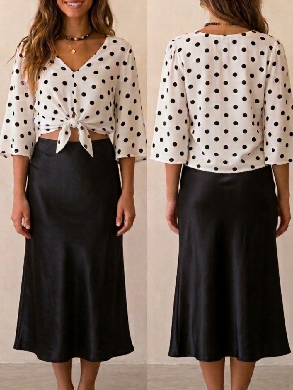 Flowy White Polka Dot Tie-Front V-Neck Short Sleeve Blouse Top Size Medium